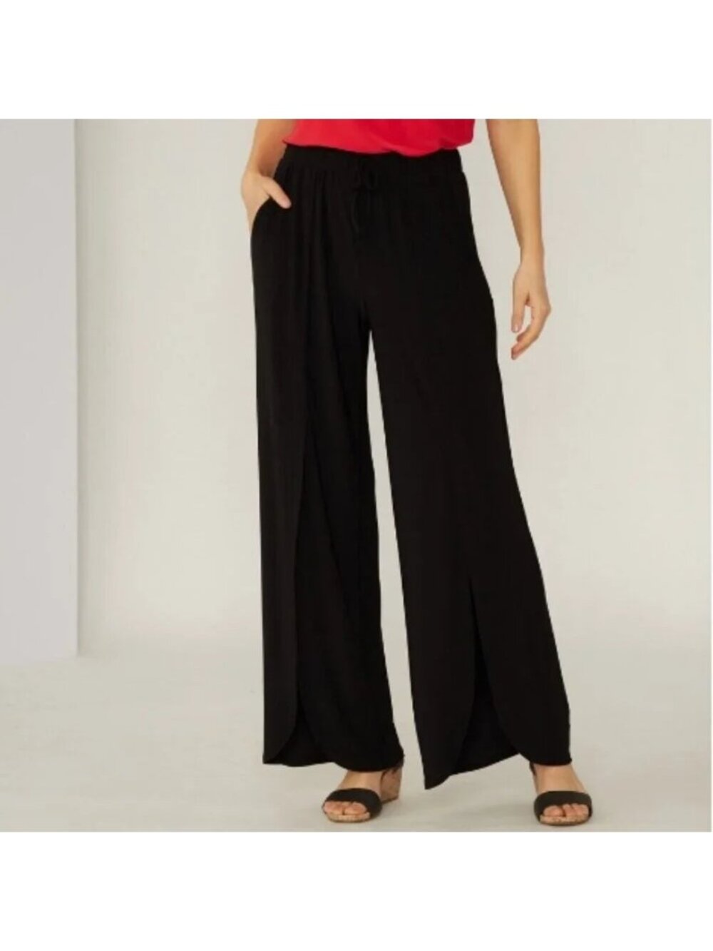 NEW Nina Leonard Black Wide Slit Leg Pants - Large